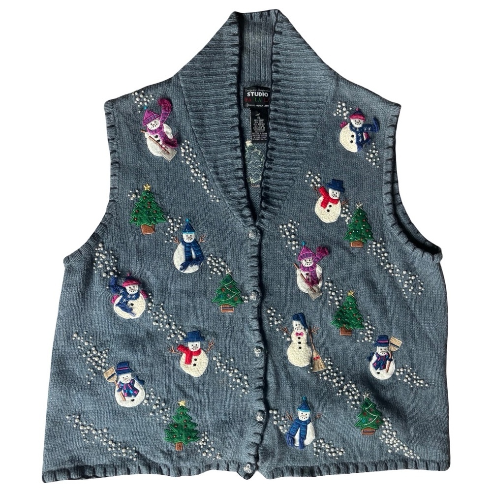 VINTAGE Studio Fa La La – Snowman Embroidered Sweater Vest – Blue – XL Holiday